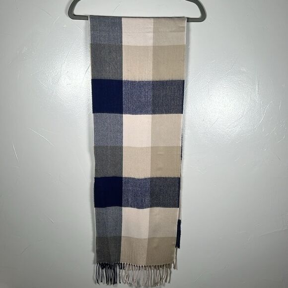 Cashmere Scarf Made in Germany Blue Cream Tan with Fringe - Picture 5 of 12